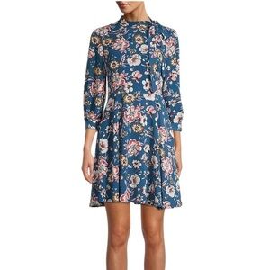 Long-Sleeve Tie Neck Fit-&-Flare Dress